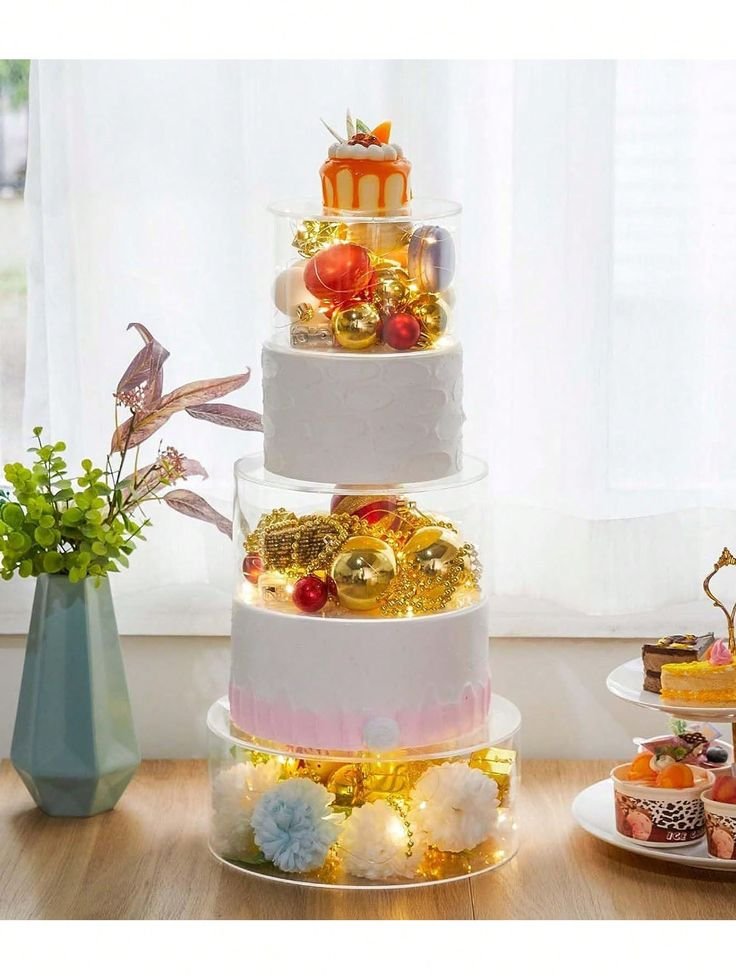 1pc Clear Acrylic Fillable Cake Stand With Cylinder Cake Base, Cake Pillars, Light Strings & Shape Display Rack For Wedding, Birthday And Festival Decoration